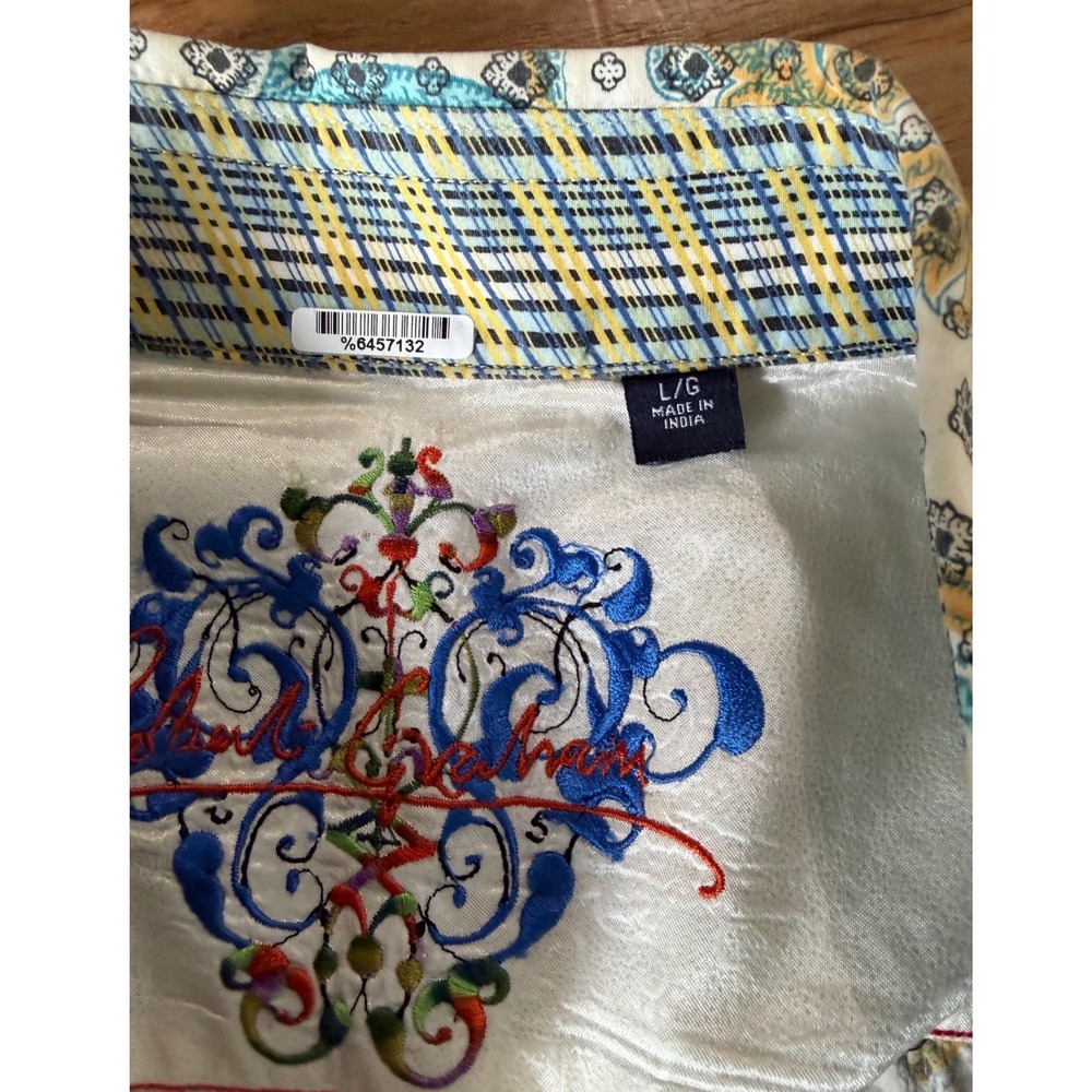 Robert Graham Mens L Large Premium Embroidered Paisley Cotton Shirt Silk Trim - Picture 7 of 10